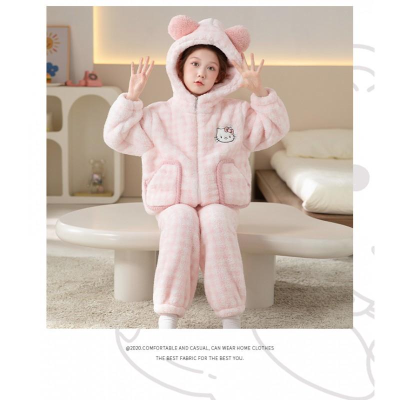 Girls Warm Coral Fleece Pajama Set With Hooded Top Pants Thick Soft Sleepwear Winter