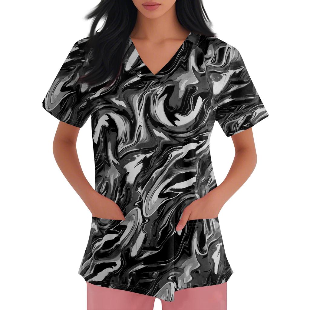 Women's V-neck Cartoon Printed Short-sleeved Pocket Side-slit Protective Suit Top