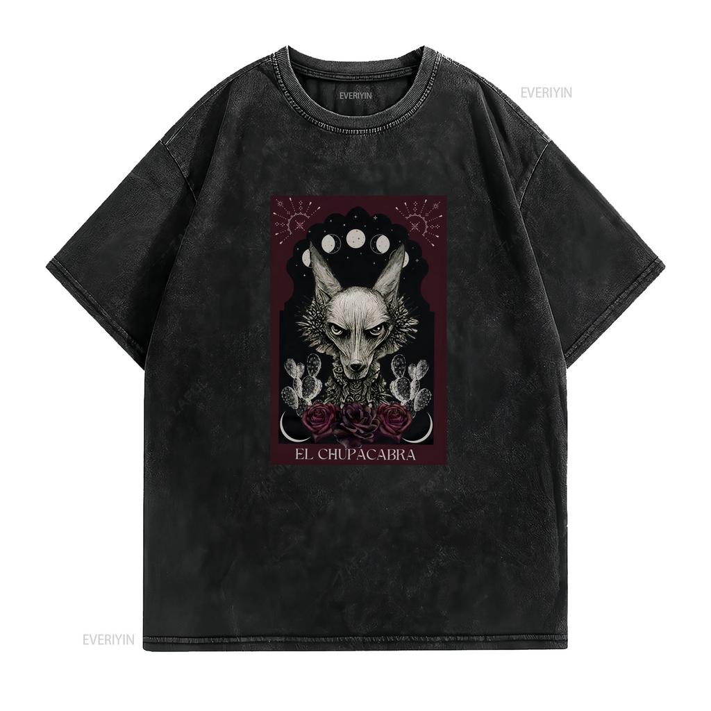 El Chupacabra T Shirt Cryptid Tarot Card Supernatural Cryptids Folklore Cryptidcore vintage Washed Top For Everyday Wear