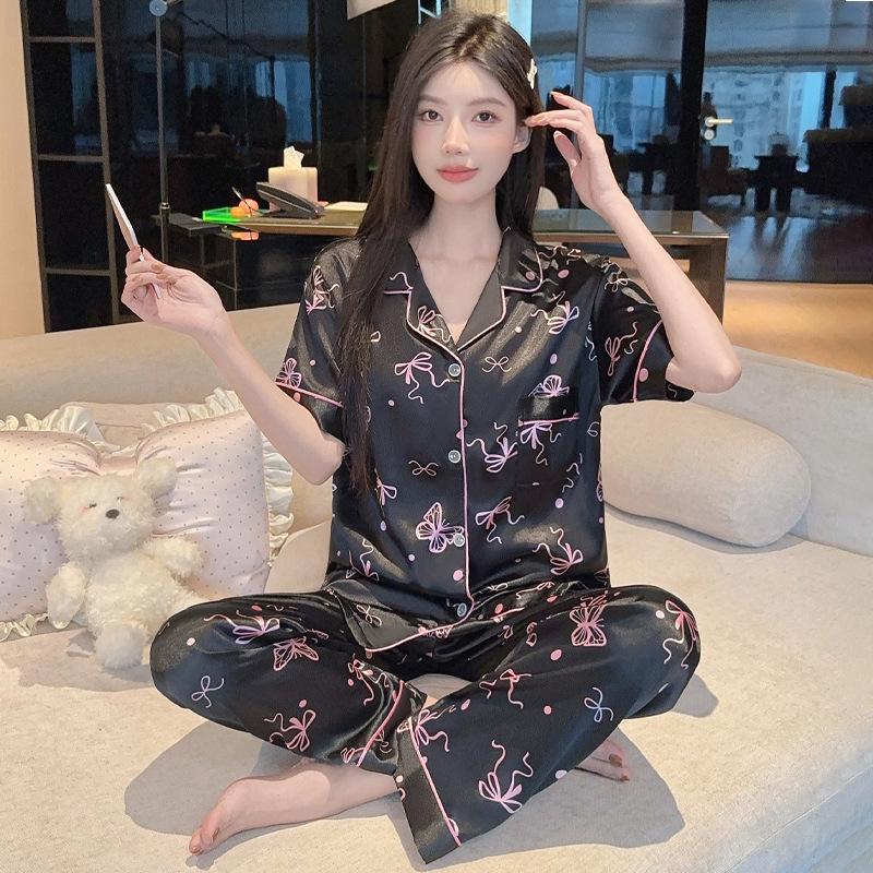 French high-end lace bow jacquard ice silk pajamas women's summer new short-sleeved trousers loungewear