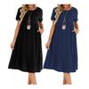 Damekjole Rund hals Kort erme Knelengde Ensfarget Kjole med Lommer Løs passform Sommerkjole