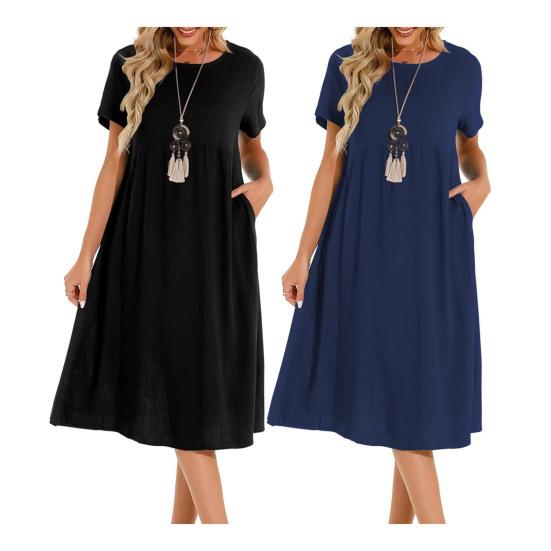 Dámské šaty Kulatý výstřih Krátký rukáv Ke kolenům Jednobarevné šaty s kapsami Volný střih Letní šaty