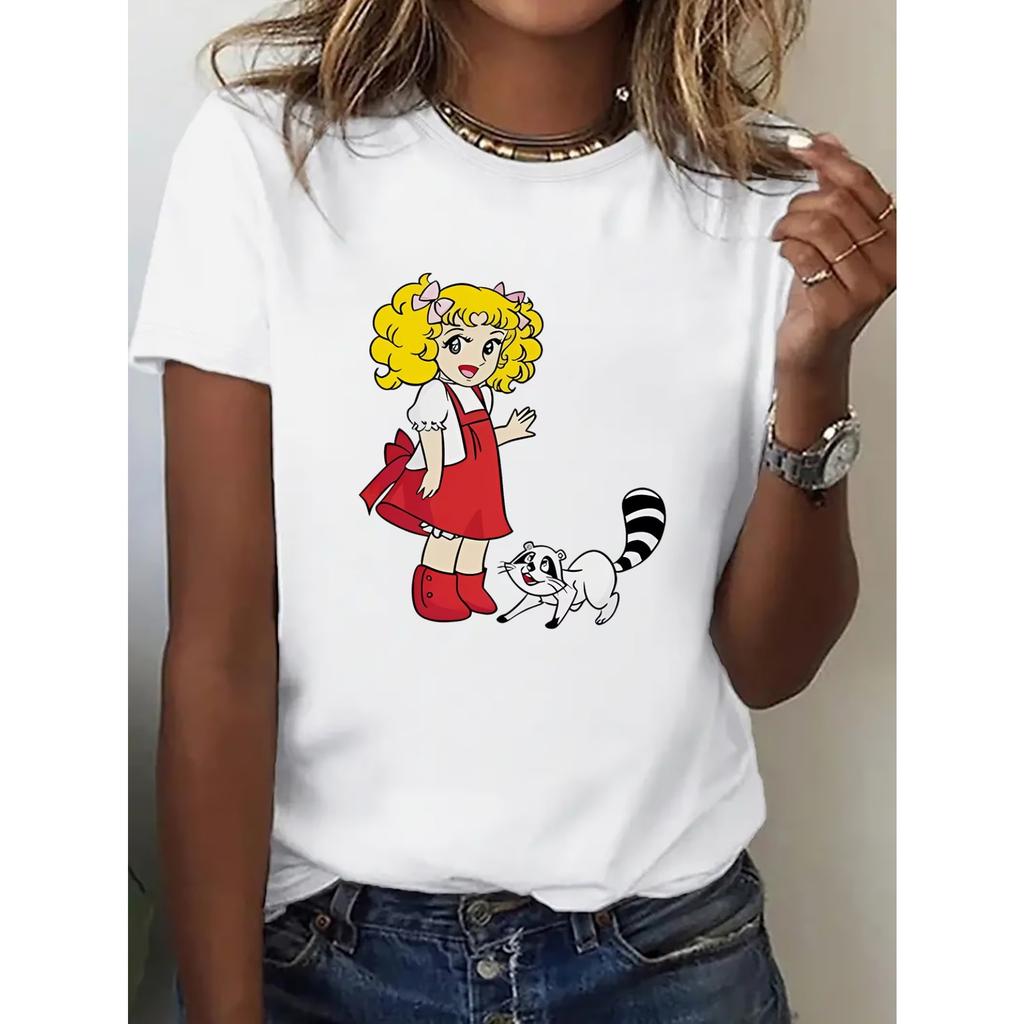 Women's Cute Chibi Print T-Shirt - Stretch Round Neck Casual Athletic Tee Suitable for Gym