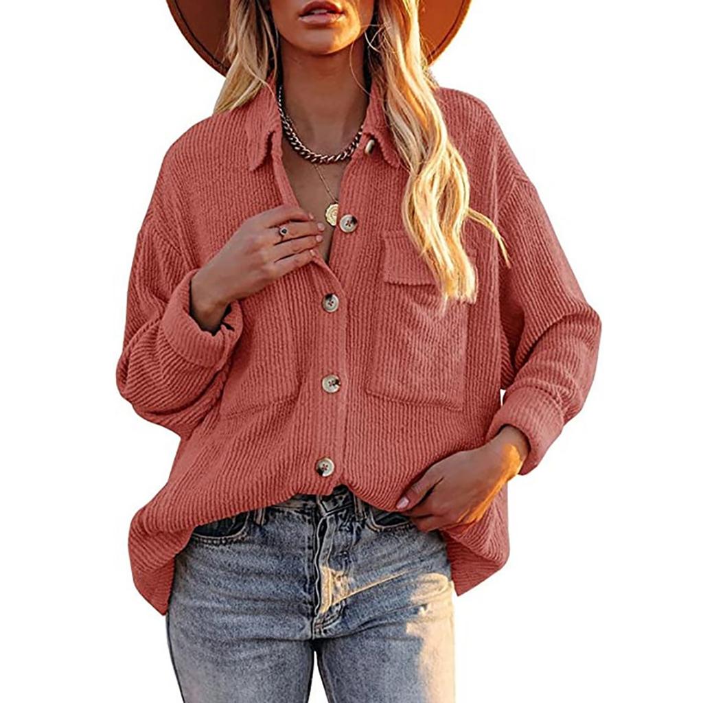 Women's  And Winter Loose Corduroy Lapel Double Pockets Long-Sleeved Shirt Jacket