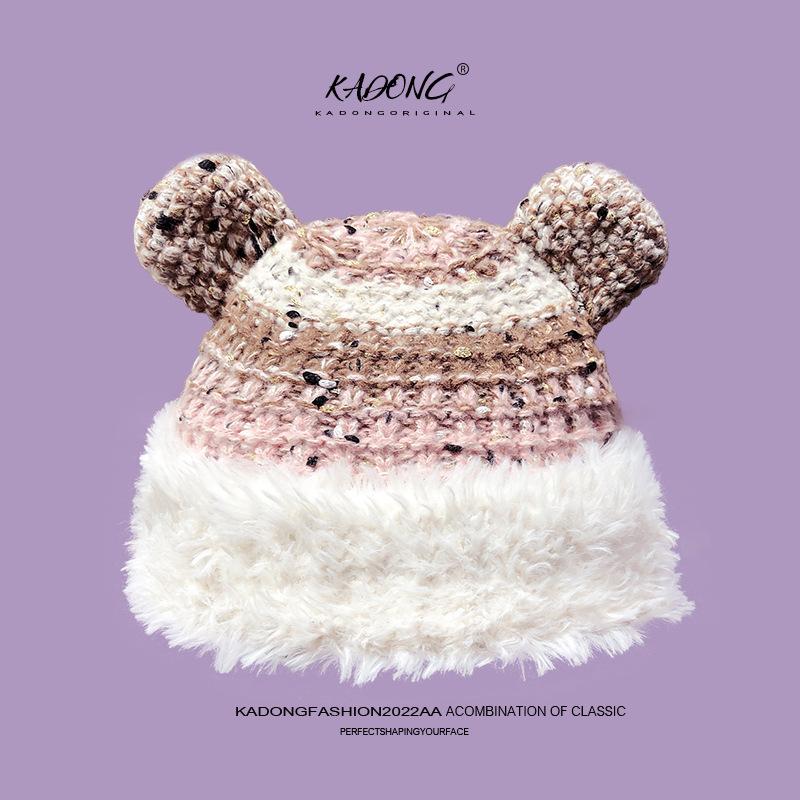 2025 Cute Bear Wool Hat Plush Warm Big Head Circumference Knitted Hat Headgear Season