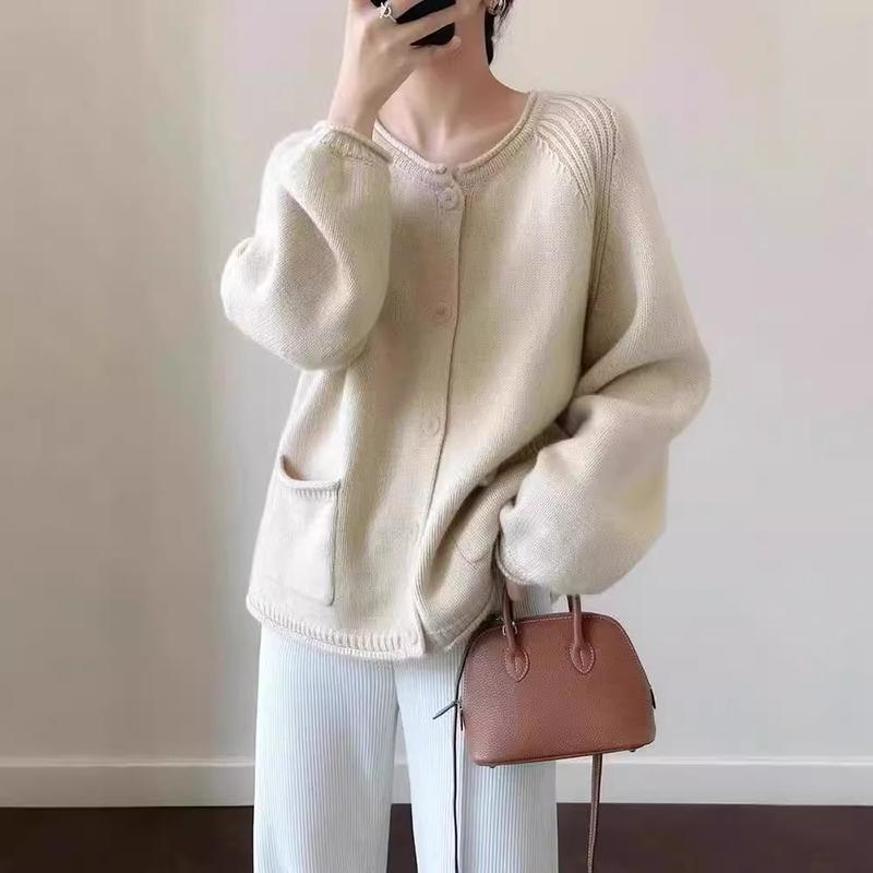 

Knitted Cardigan Sweater Jacket For Women Autumn Winter Design Sensibility Sleeve Top Outerwear Crew Neck XL бежевый