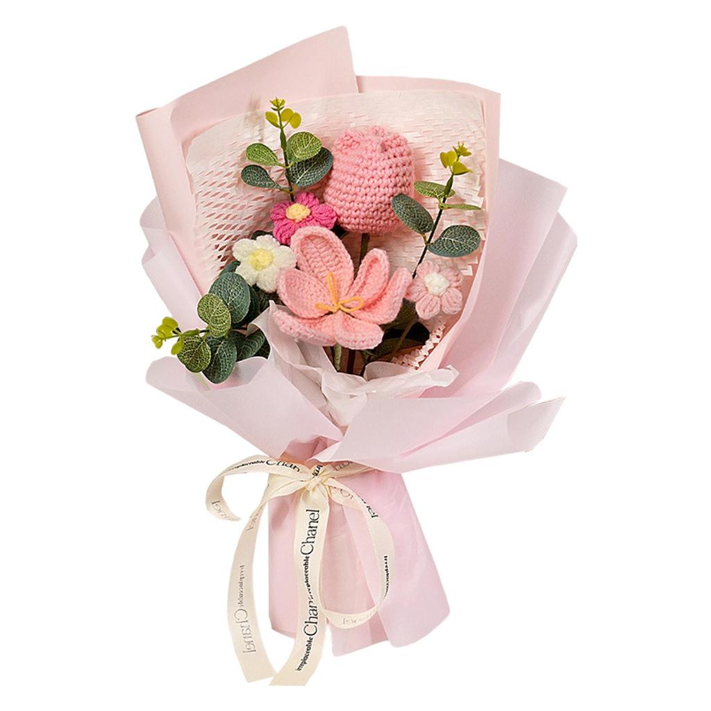 Crochet Flower Bouquet Home Decoration Floral Arrangement Decor Cute Hand Woven Bouquet for Mothers Day Gift Party Home Festival