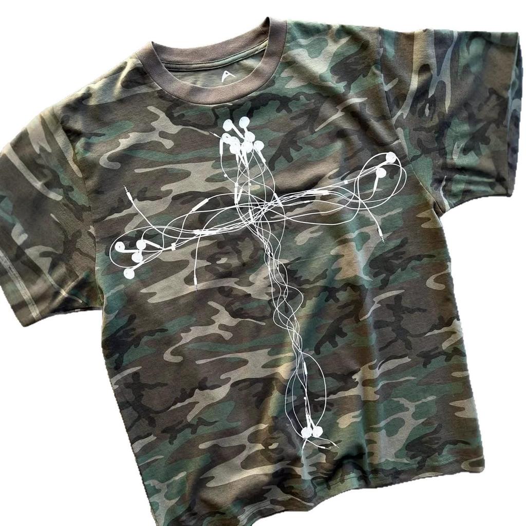 Y2K Gotycka West Coast Kamuflażowa Koszulka z Krótkim Rękawem