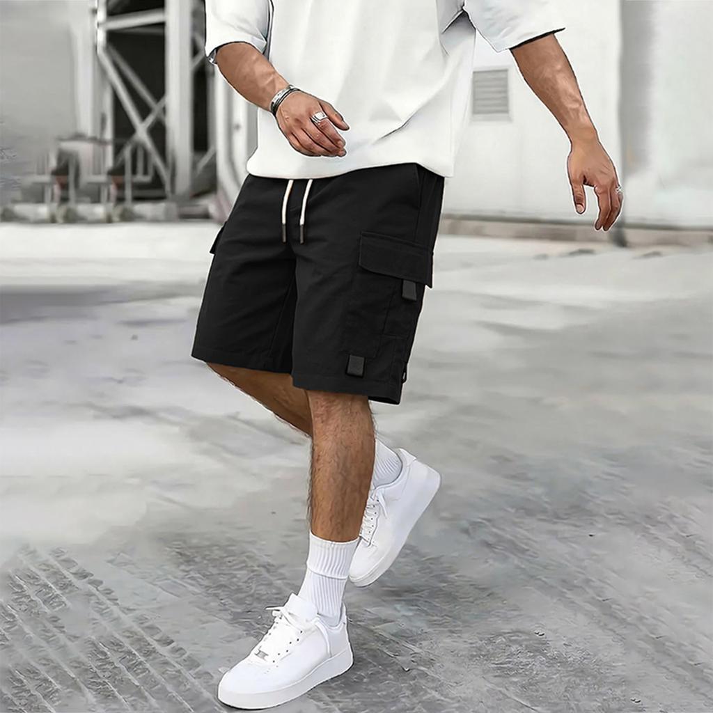 Herren Cargo-Hose mit Kordelzug Lässig Patchwork Mehrere Taschen Gerade Beine Fünf-Punkt-Hose