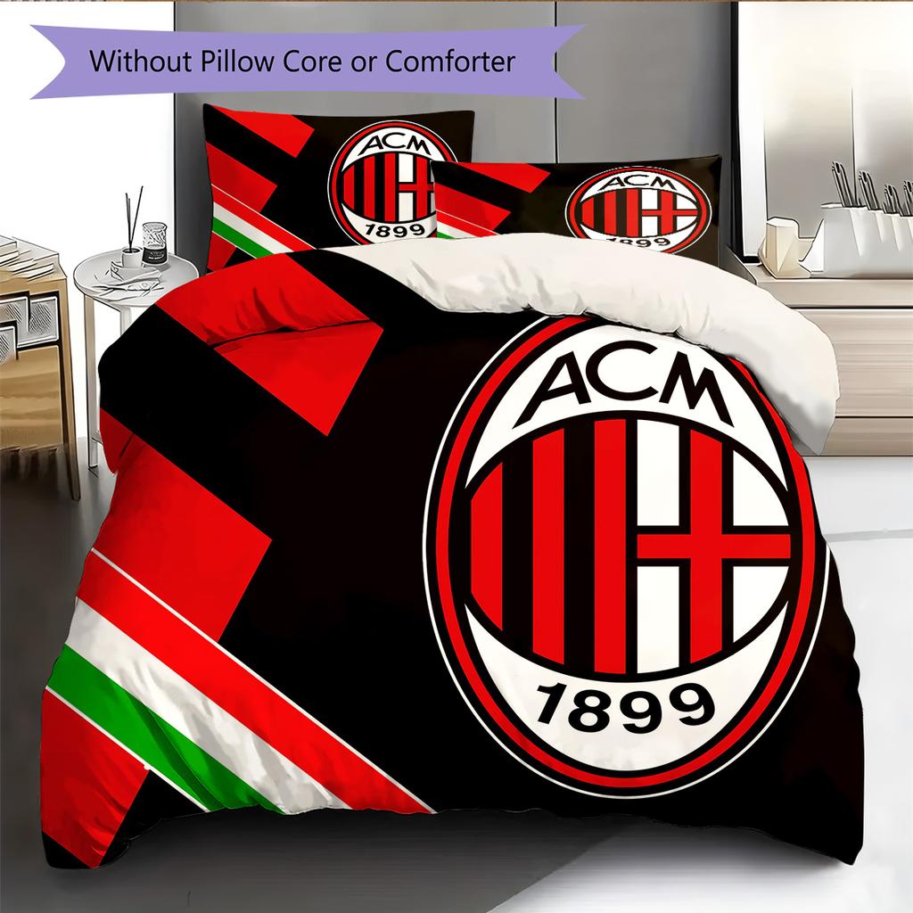 AC Mailand Fußballverein Muster Bettwäsche Bettdecken-Set Heimdekoration Geschenk (1 Bettbezug + 2 Kissenbezüge (ohne Füllung))
