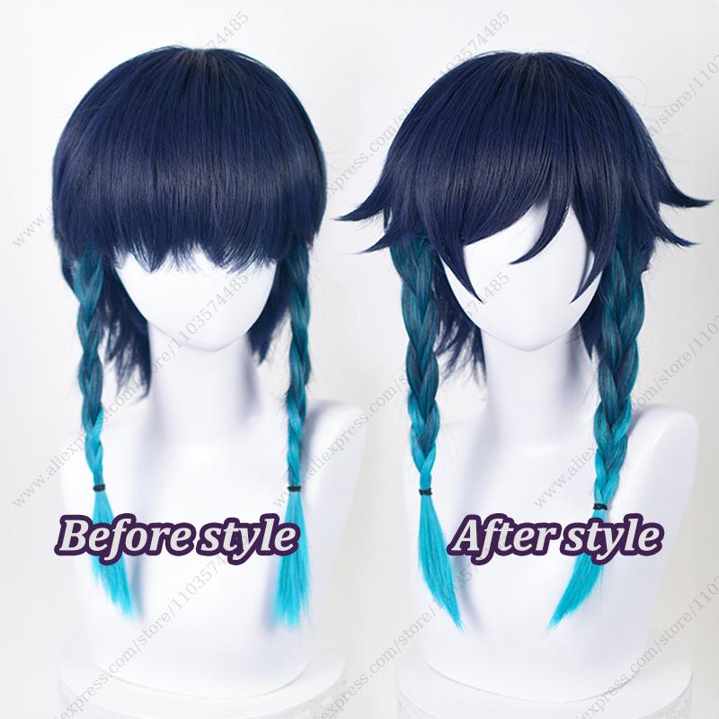 Game Venti Cosplay Wig 42cm Long Blue Gradient Braids Heat Resistant Synthetic Hair