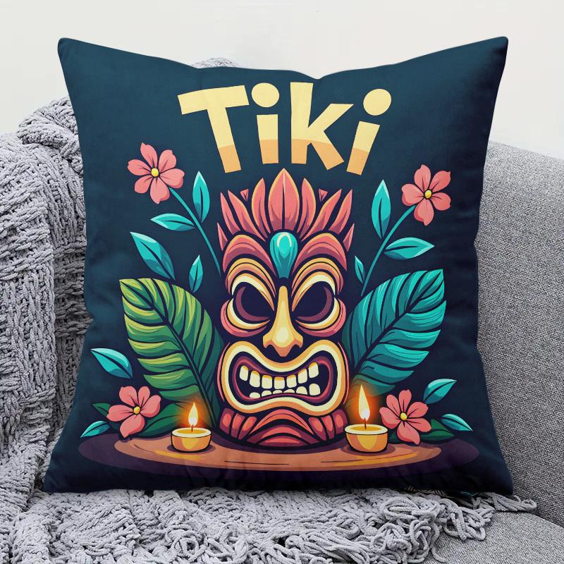 1pc Featuring a Tiki Mask And Floral Candle, Square Colorful Decorative Pillow Cover, Suitable for Bedrooms And Living Rooms, with a Zipper Closure, I