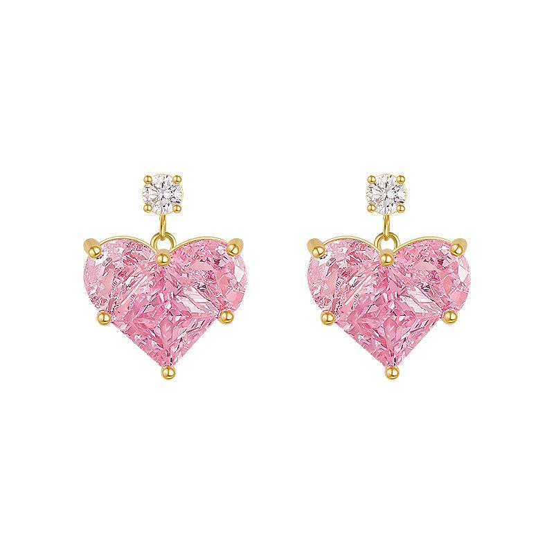 925 Silver Pink Heart Stud Earrings, Korean Style, Elegant and Shiny Design