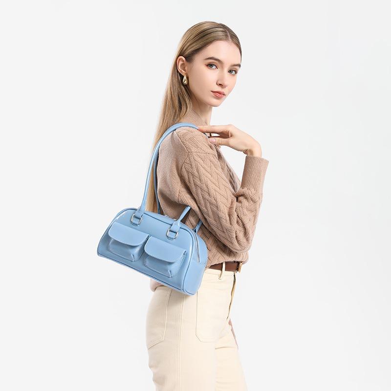 Korean Yunzhen Oil Wax Leather Bowling Bag Multi-Pocket Underarm Bag Commuter Handbag Shoulder Bag Crossbody Bag