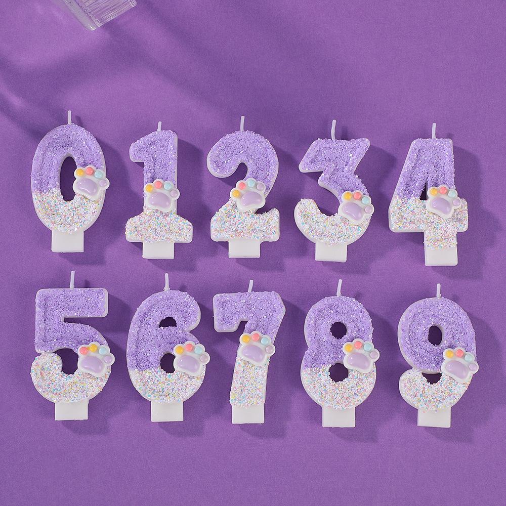 Dreamy Purple Gradient Cat Paw Number Candles - Creative Cartoon Cake Decorations