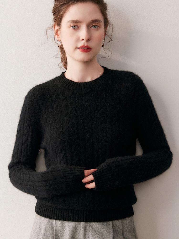 Women's Soft Cashmere Bamboo Leaf Sweater - Double-Strand, Round Neck, Perfect for Autumn and Winter