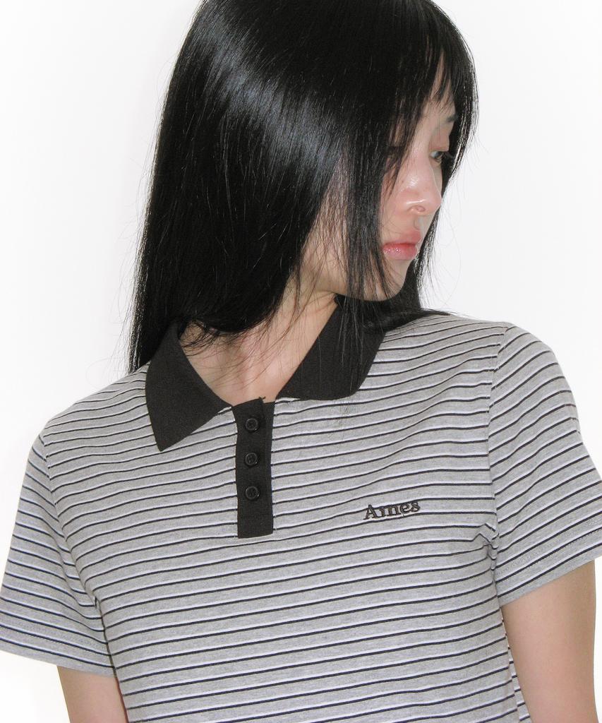 AMES-WORLDWIDE Basic Stripe Collar Tee Gray