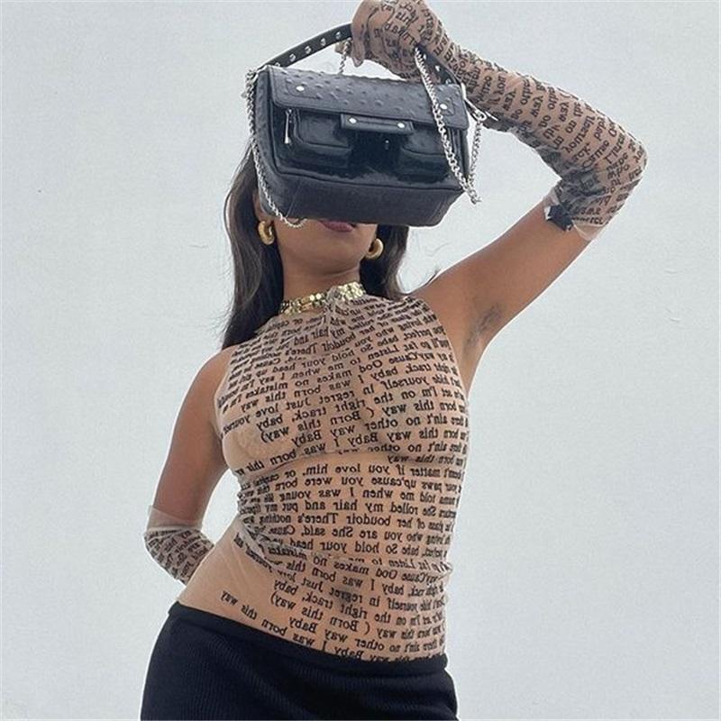 Tooxika Women's Round Neck Pullover Mesh Letter Print Sexy See-through T-shirt