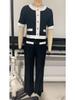 European & American Style Women's Fashion Set: Color Block Pearl Leather Wool Coat and Pants (J32513/14)