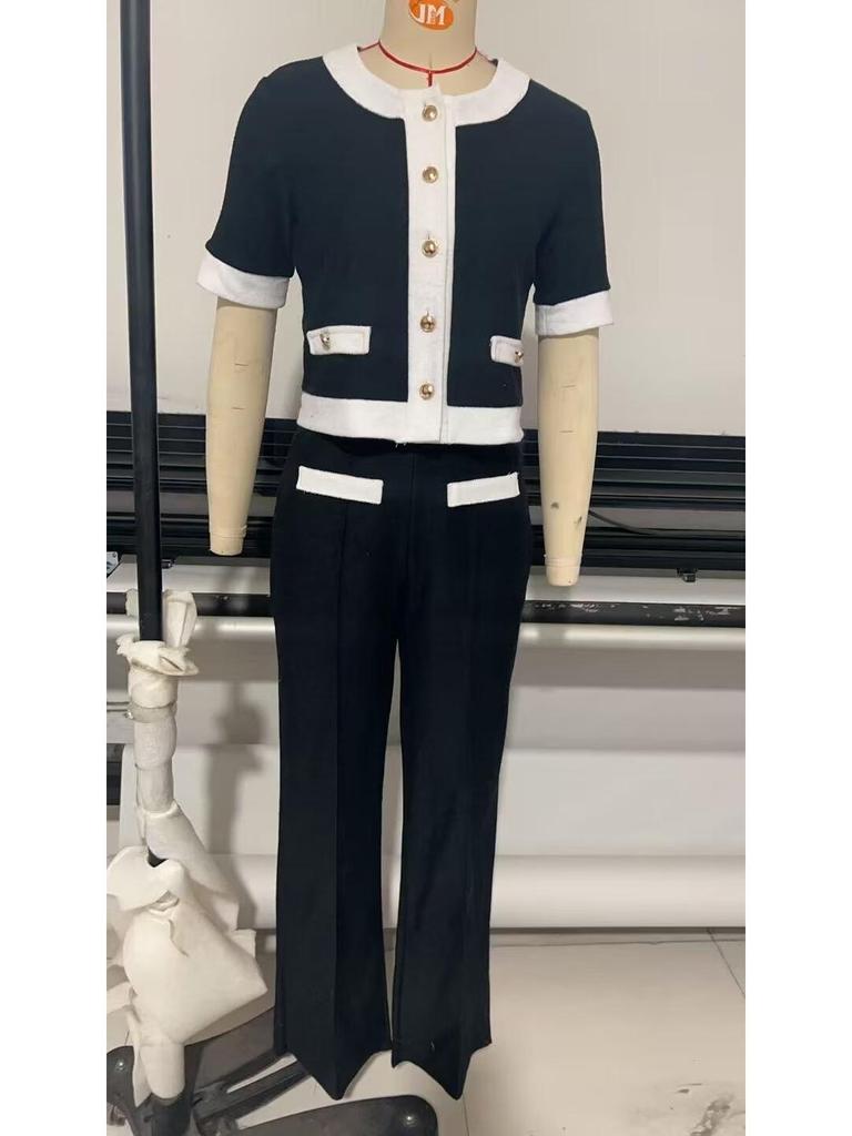 European & American Style Women's Fashion Set: Color Block Pearl Leather Wool Coat and Pants (J32513/14)