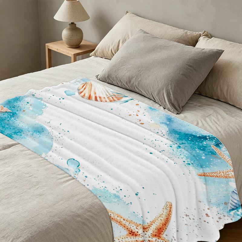 Lightweight Flannel Blanket – Soft Warm Ocean Theme Throw with Starfish & Seashell, Ideal for Home Relax, Bay Window Decor, Christmas & Halloween