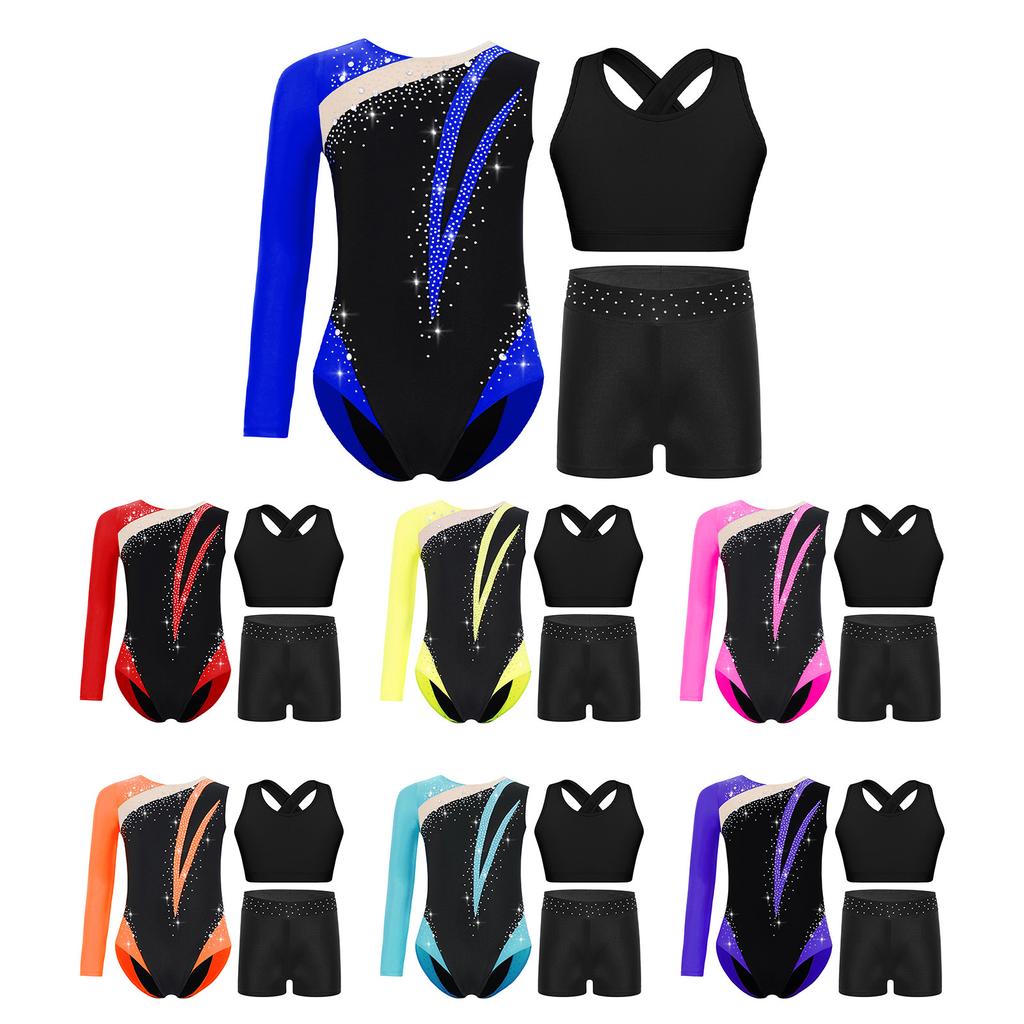 Girls Gymnastics Dance Outfit Shiny Rhinestones Color Block Asymmetrical Leotard Cross Back Keyhole Vest