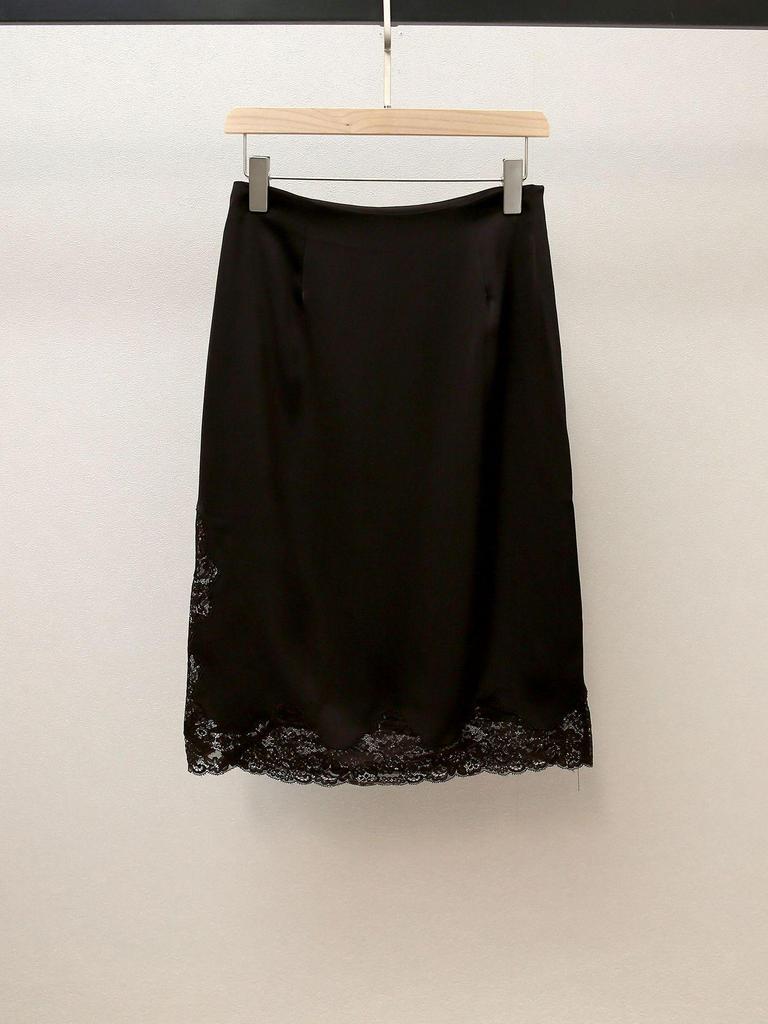 Elegant French A-line Satin Midi Skirt with Lace Trim