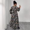 Printed V-neck High-waisted Loose Dress with Puffed Sleeves A Fashionable and Slimming Long Dress