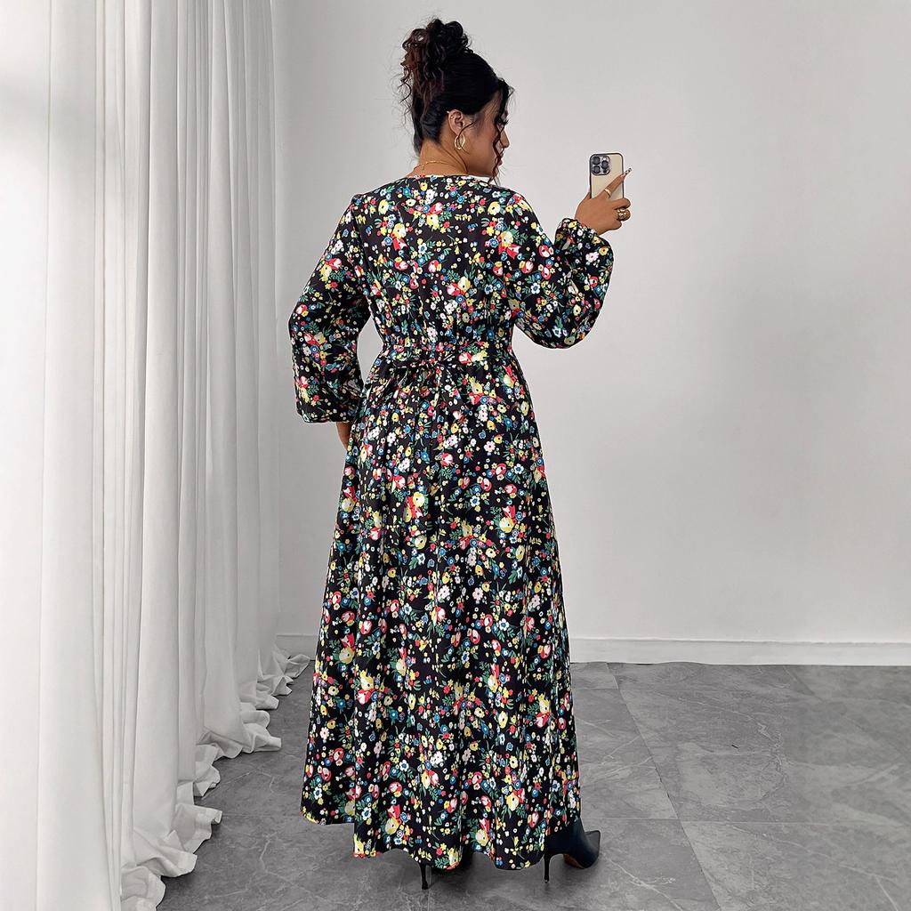 Printed V-neck High-waisted Loose Dress with Puffed Sleeves A Fashionable and Slimming Long Dress