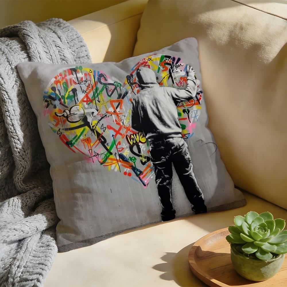 Cushion Cover Washed Linen Soft Breathable Decorative Case for Sofa Home Pillow Cover Banksy Street Graffiti Art