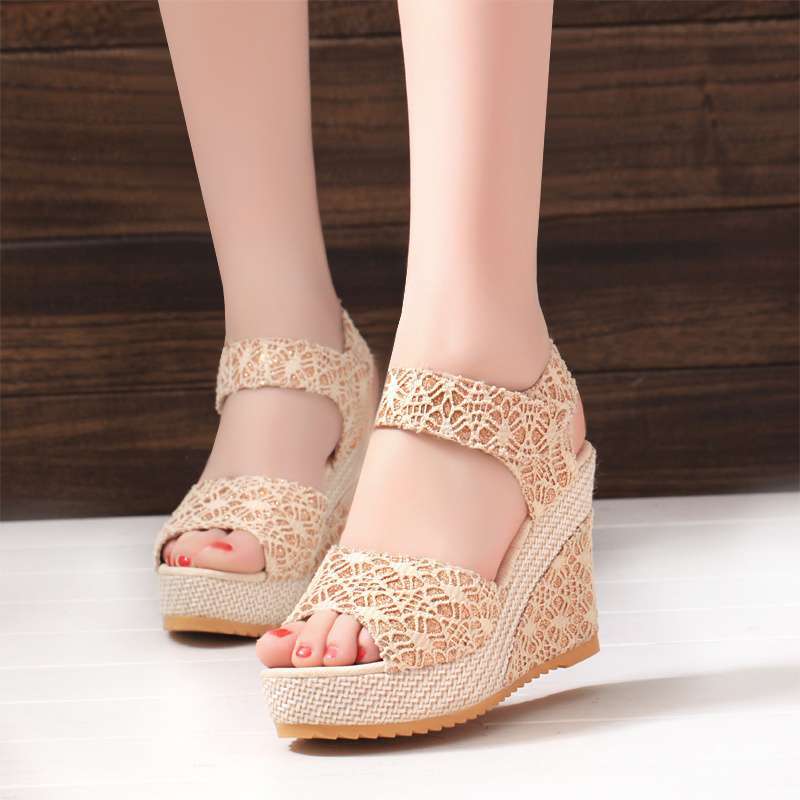 High-heeled wedge heel mesh yarn fish mouth women's sandals 2025 summer and Korean version outer wear versatile muffin thick-soled waterproof table op