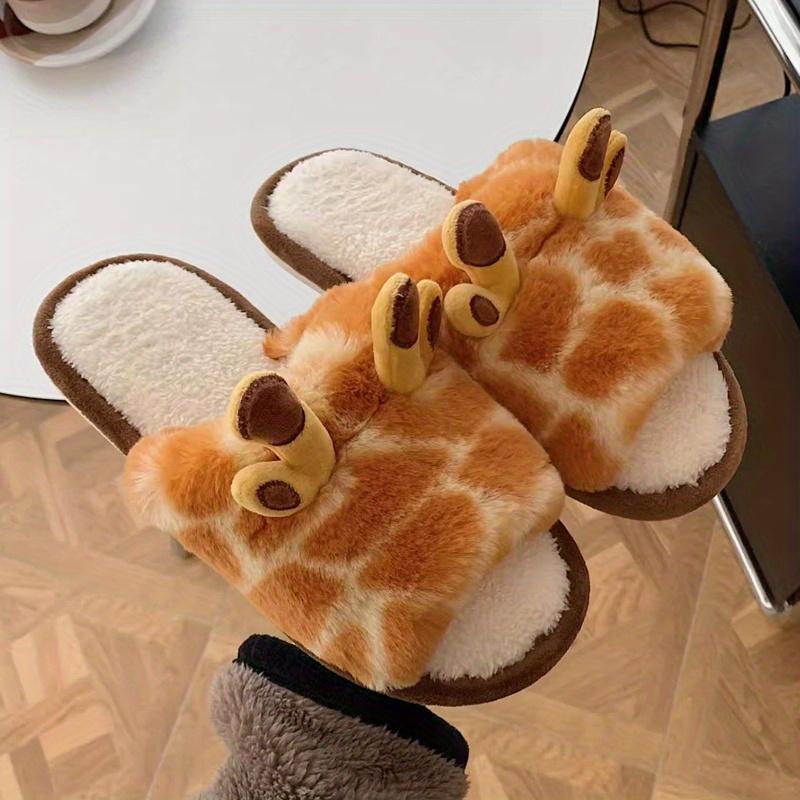 Women's Giraffe Print Fluffy Furry House Slippers - Cute Cartoon Animal Design Indoor Bedroom Slippers with Soft Fabric Upper & Non-Slip PVC Sole