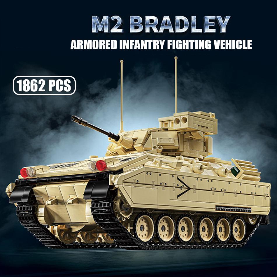 1862Pcs WW2 Military US Army M2 Bradley Fighting Vehicle Building Blocks Heavy Tracked Armored Cars Bricks Toys Children Gifts