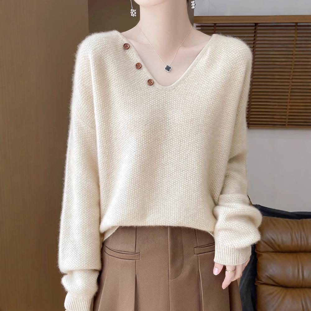 Women's V-Neck Cable Knit 100% Wool Sweater - Autumn/Winter, Solid Color, Loose Fit, Long Sleeve, Cozy Cashmere Layer