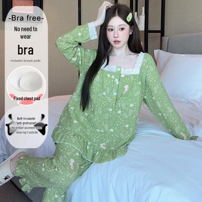 Yellow Sweet Princess Long Pajamas with Chest Pad - Korean Cloud Cotton, Plus Size, Spring/Autumn Style