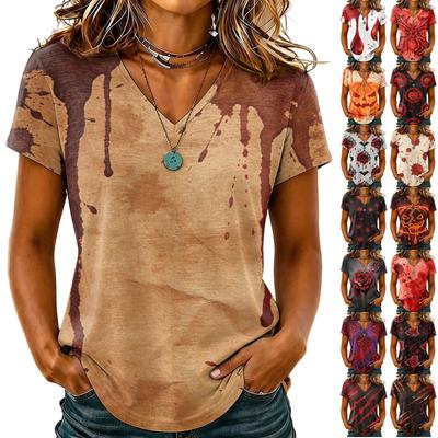 Damen Casual V-Ausschnitt Halloween Aufdruck T-Shirt für Party Kostüm