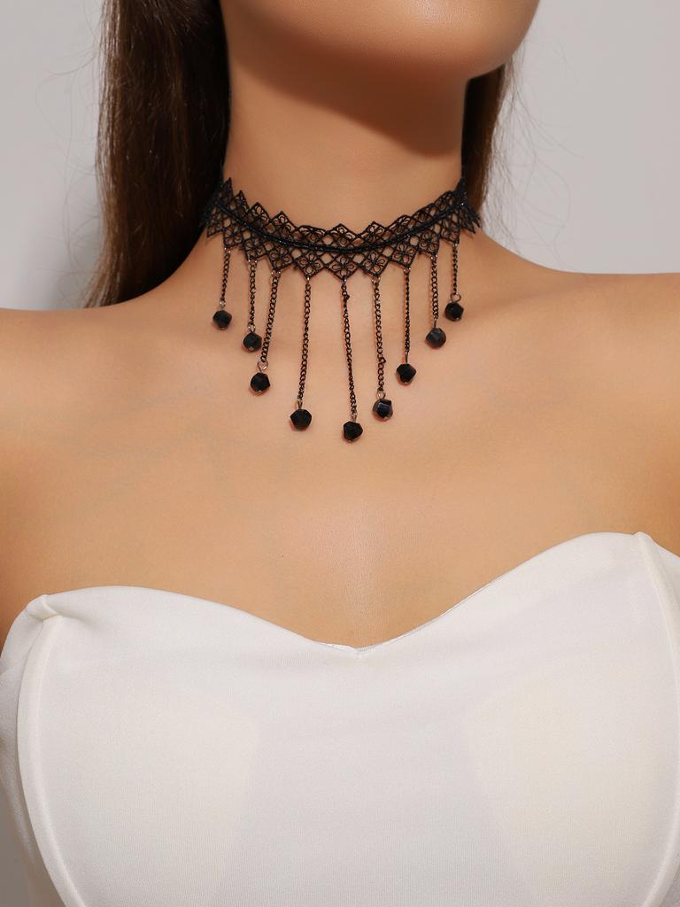 Vintage Black Lace Rose Necklace Bracelet Ring Set Women's Dinner Party, Dark Wind Neck Chain Bracelet