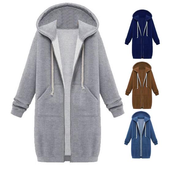 Women Sweatshirt Coat Hooded Adjustable Drawstring Long Sleeve Coat with Pockets Solid Color Mid-length