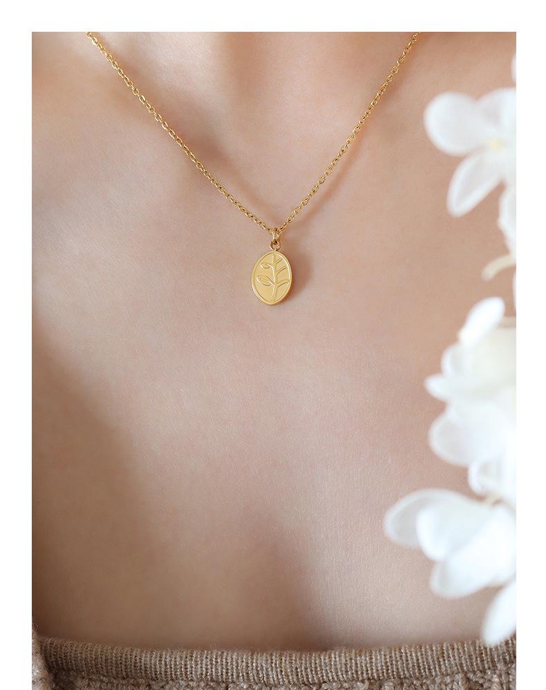 Leaf Oval Pendant Necklace for Women - Gold Plated, Fade-Resistant Titanium Steel