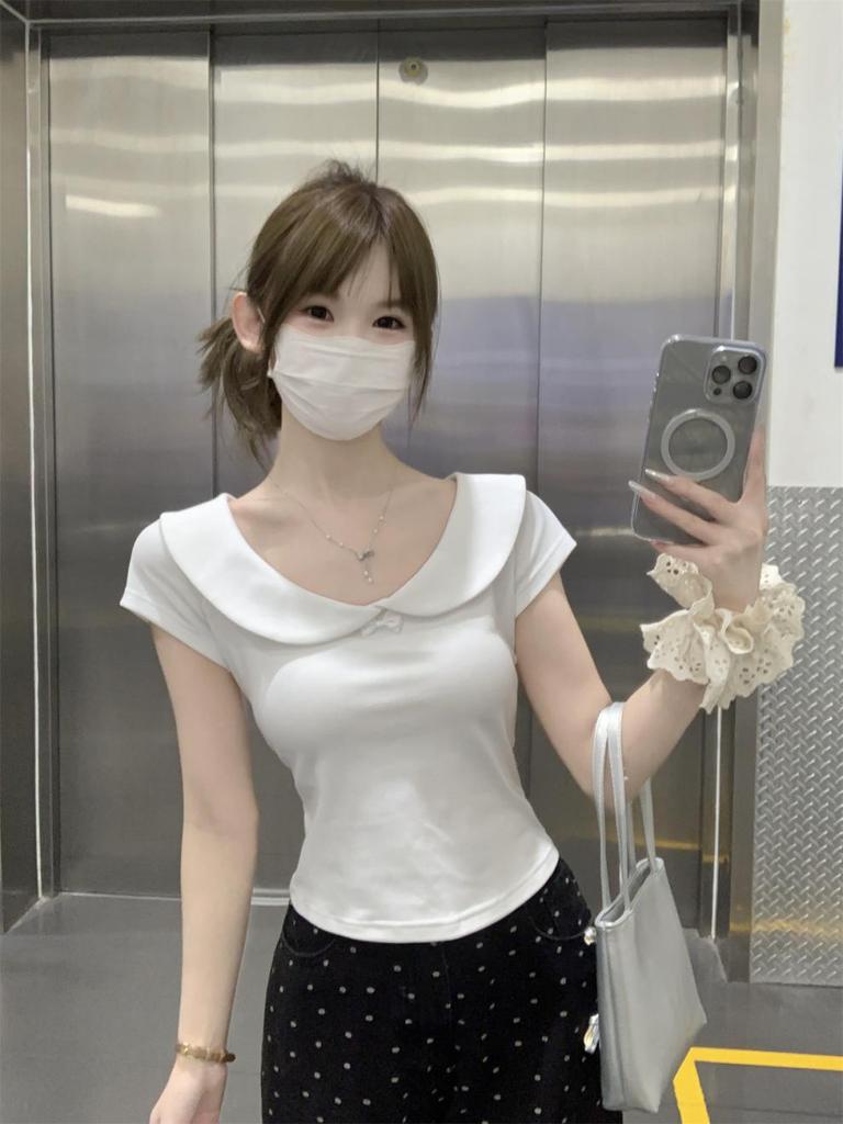 Korean Sweet Spring/Summer Slim-Fit Doll Collar Pure Cotton T-Shirt