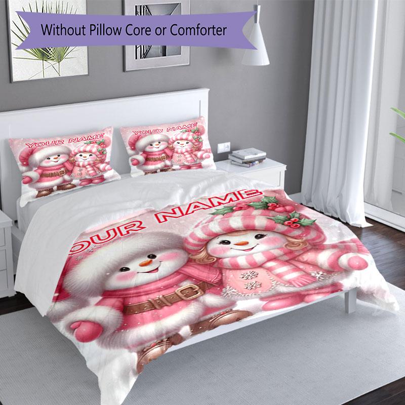 3PC Custom Name Snowman Couple Winter Scene Bedding Set Printed Bedding Set Duvet Cover Closure Includes 1 Duvet Cover & 2 Pillowcases for All Seasons