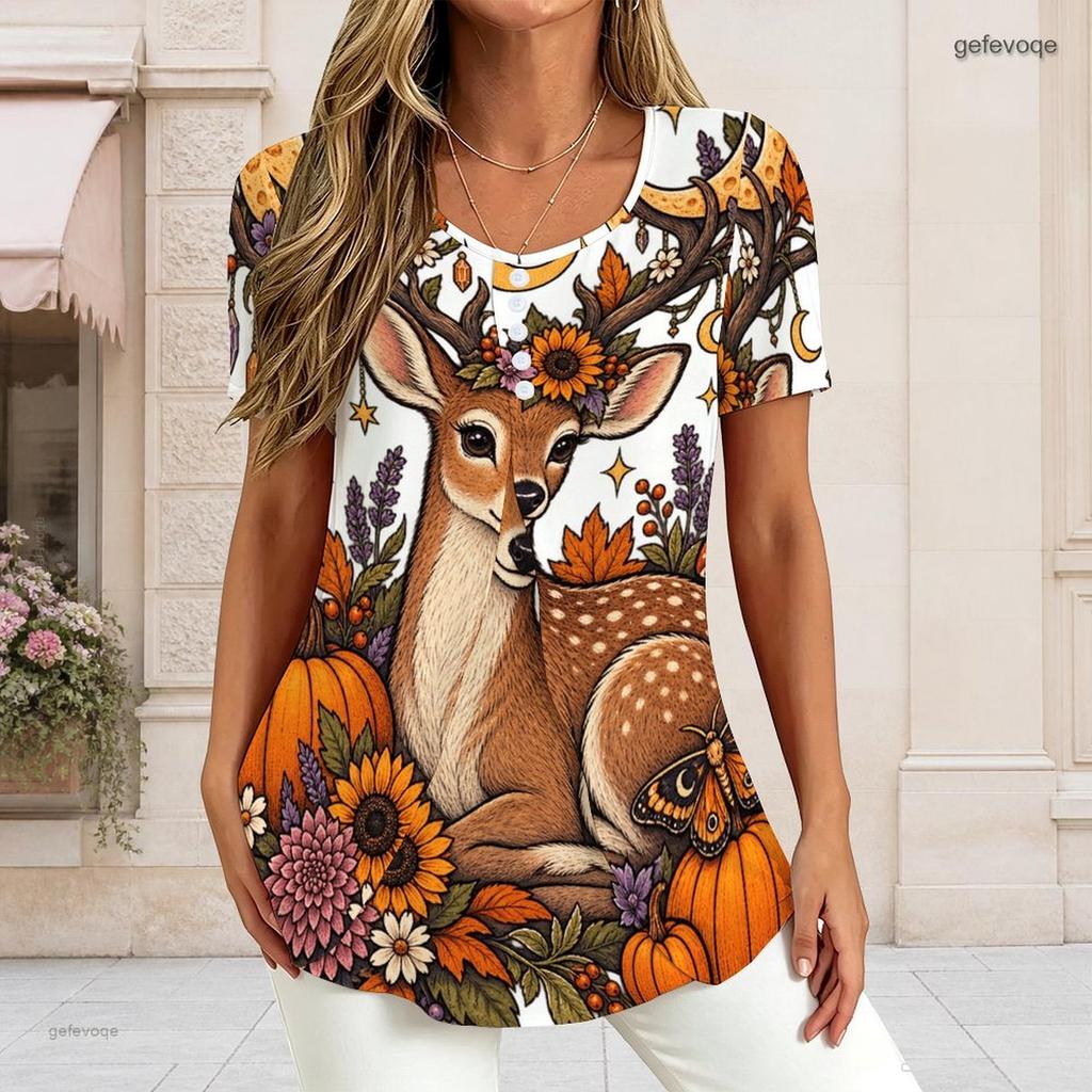 Women Plus Size Round Neck Short Sleeve T Shirt Opossum Witch Hat Pumpkin Floral Halloween Print Double Layer Front Top