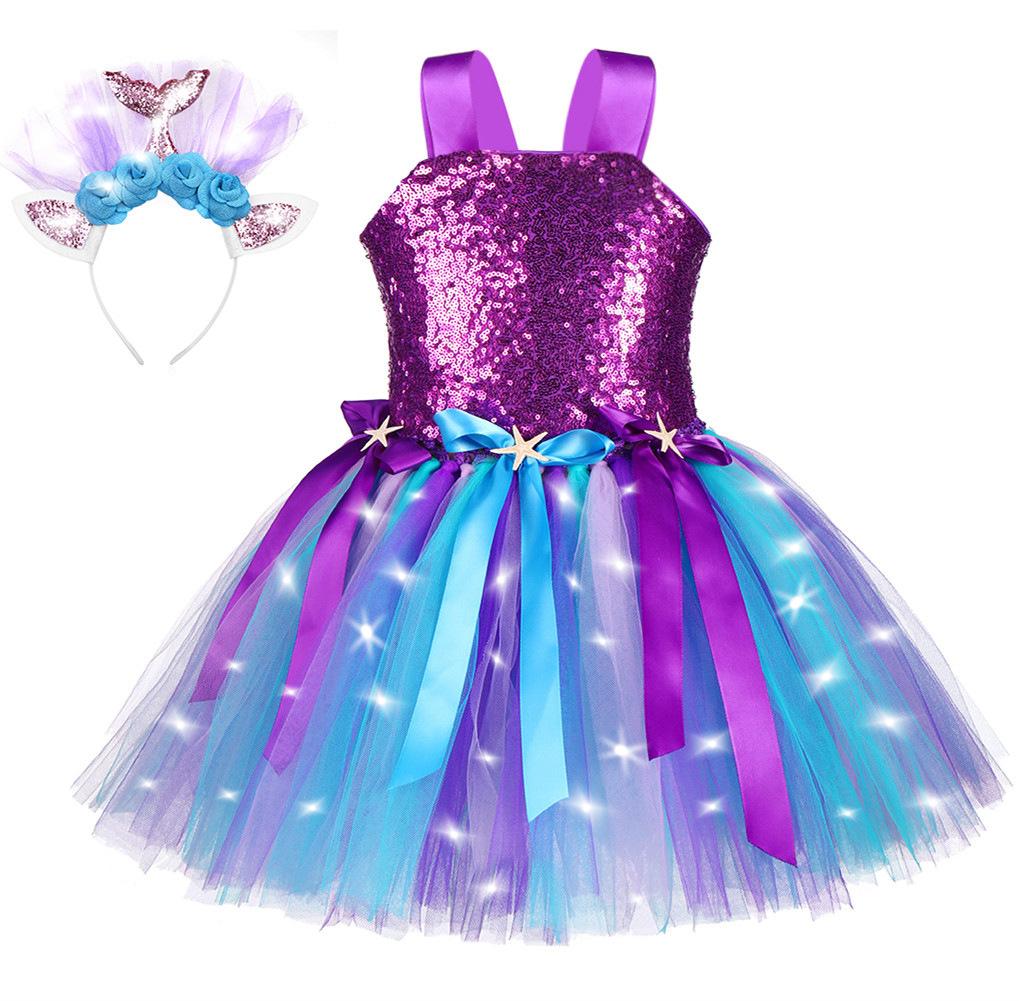 Starfish Seashell LED Mermaid Suspender Tutu Dress, Double Layer Mesh Girls Party Gown Blue