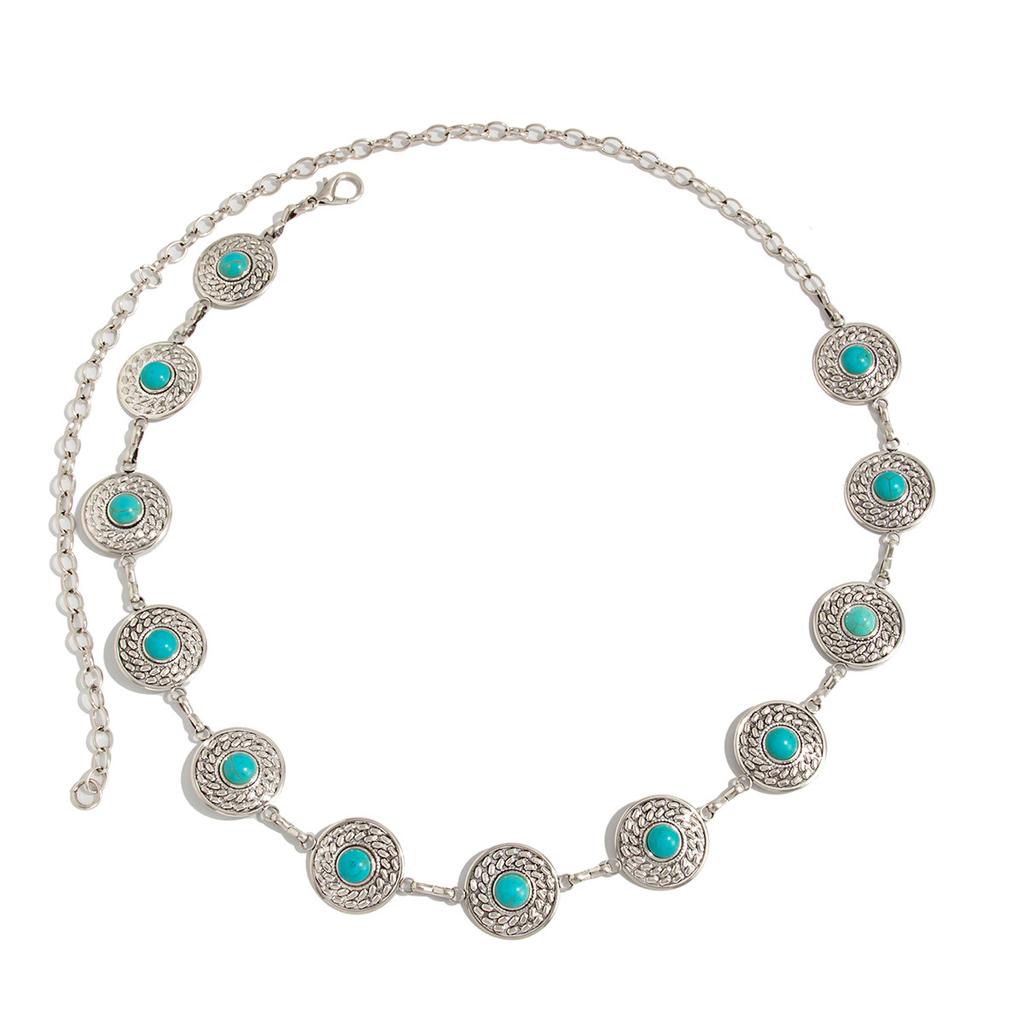 Ethnic Style Imitation Turquoise Flower Plate Waist Chain Waist Chain Retro Metal Lace Body Chain Female