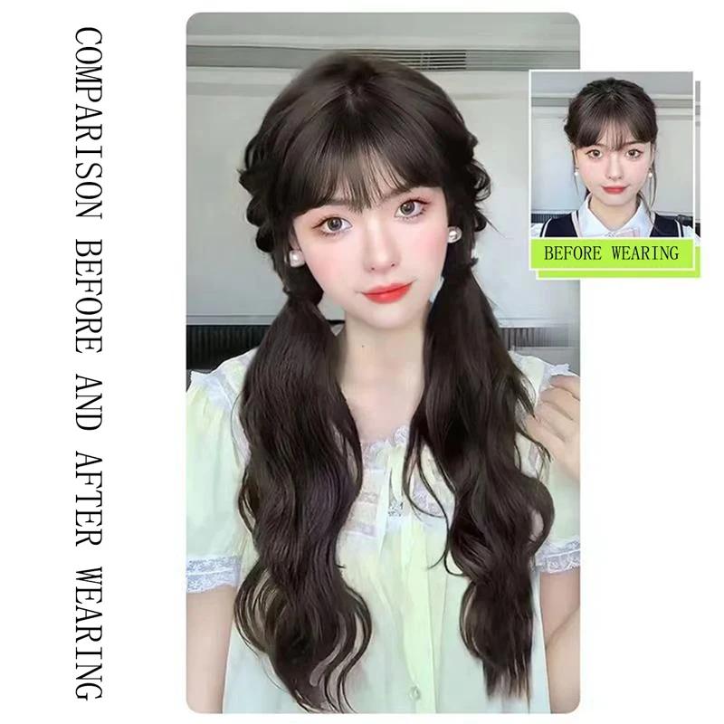 2PC Synthetic Rubber Band Ponytail Sweet Woman Black Slightly Curly Ponytail Extension Long Heat-resistant Wig   Hair Pieces