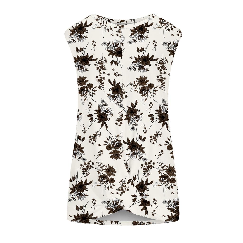 T-shirt estiva con stampa floreale per donna Top casual girocollo senza maniche gilet attorcigliato