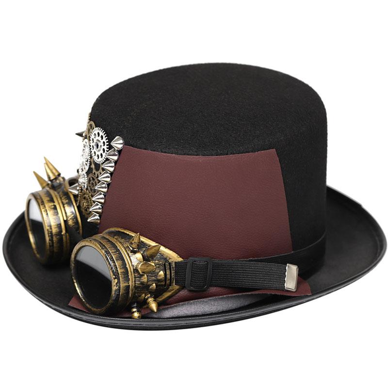 New Trendy Punk Vintage Steampunk Top Hat With Goggles Gothic Leather Headwear Holiday Cosplay Party Hat Halloween Accessories