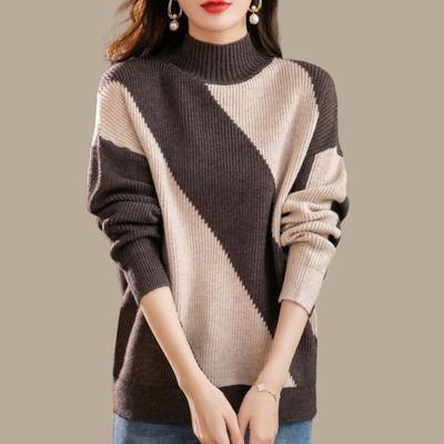 Fall/Winter Women's Semi-Turtleneck Sweater Retro Loose Plus Size Color-Blocked Knit Sweater Long Sleeve Pullover Knit Top
