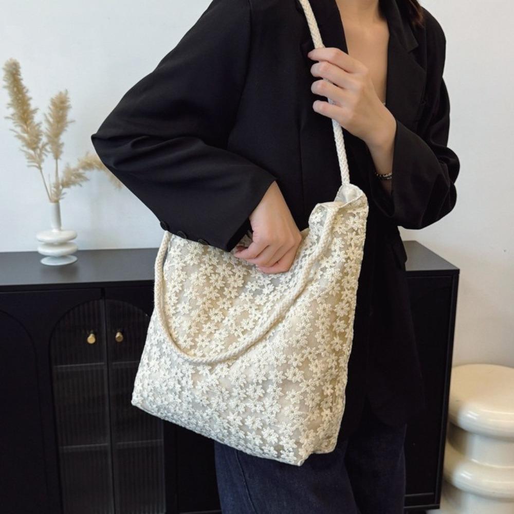 Solid Color Flower Tote Bag Large Capacity Cloth Shoulder Bag Portable Underarm Bag Daily