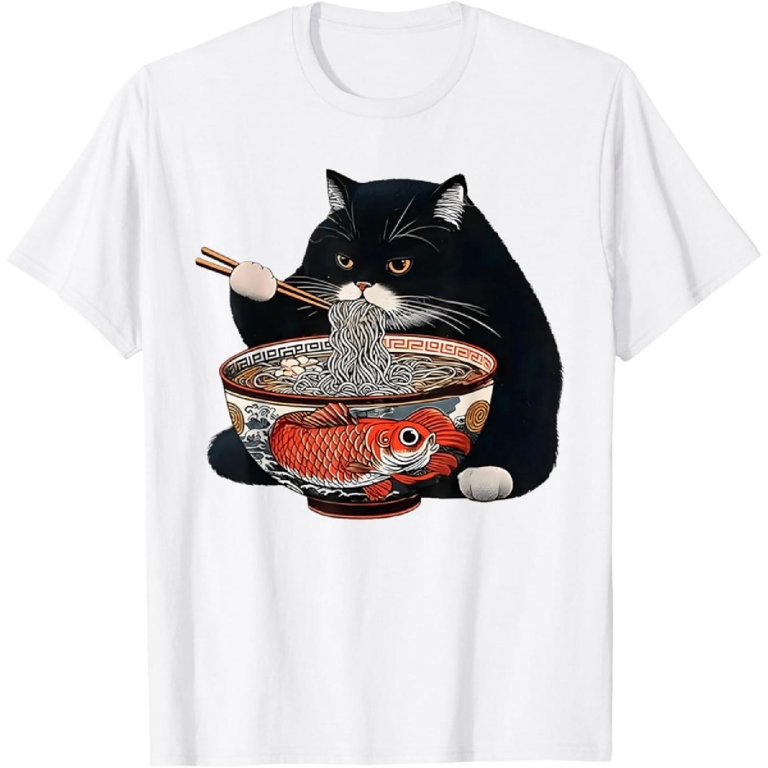 Funny Black Fat Cat Eating Ramen T-Shirt S